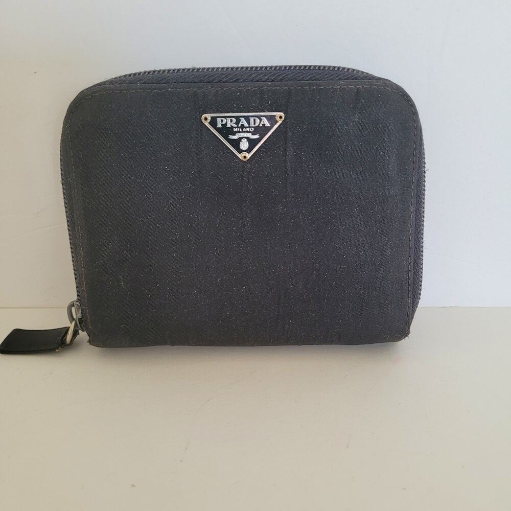 Vintage Prada Milano Black Nylon Saffiano Leather Zip Around Wallet Bifold